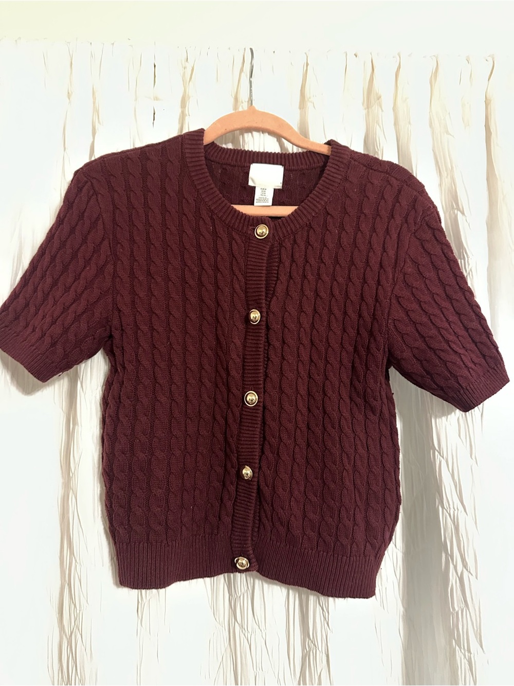 H&M Cable-Knit Short Sleeve Cardigan - Burgundy